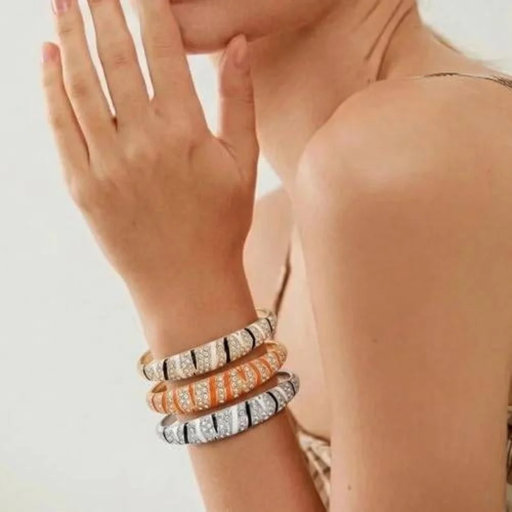 3pc Enamel Rhinestone‎ Zebra Bangle Bracelet Set Silver Gold Tone Animal Print